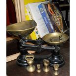 Brass & iron kitchen scales, and some board games