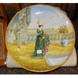 Large Arts & Crafts faience charger, 46ms diameter, signed & dated 1876, having decoration of a lady