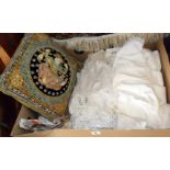 Box of assorted lace textiles, and an Indian cushion