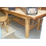 Farmhouse pine kitchen table on square legs with stretcher