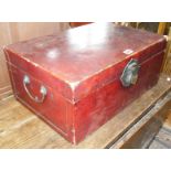 Chinese lacquered trunk with brass lock & handles