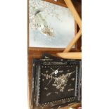 Chinese lacquer panel with mother-of-pearl decoration, two Oriental machine-made fabric panels,