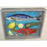 Contemporary painted ceramic 3D still life with fish & vegetables, by Diana Tenison