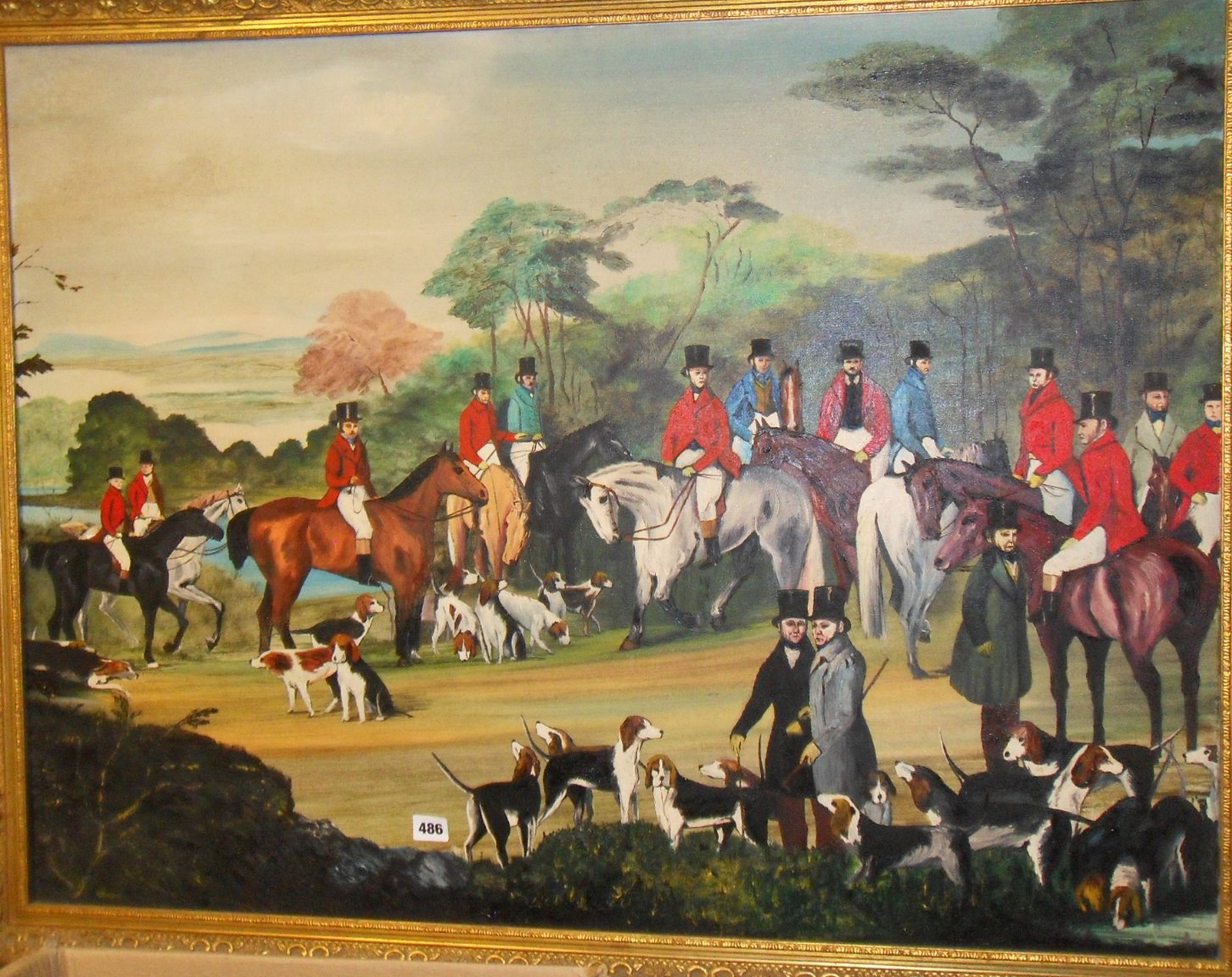 A large naive oil on canvas of a Hunt, by G. Burgess