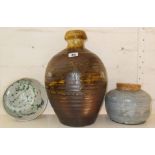 Large Studio pottery bottle vase by Clive Bowen (b.1943) with sgraffito decoration & honey glaze,