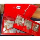 Collection of British coins including Halfcrowns, Florins & Sixpences etc, in vintage cash tin