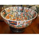 Large 20th c. Chinese porcelain punch bowl on hardwood stand