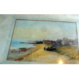 Victorian watercolour of a beach scene with fishermen, by H. DAVIS