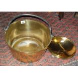 Polished Victorian brass jam-pan with iron handle, and a brass salver on legs