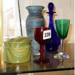 19th c. ruby glass stemmed port wine glass, another in green, a blue glass scent bottle, an Art Deco