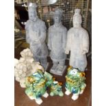 Pair of modern Chinese foo dogs &, three reproduction 'terracotta army' figures