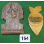 Victorian carved wood watchstand case, and a Mauchlinware bookmark printed with the "Arcades,