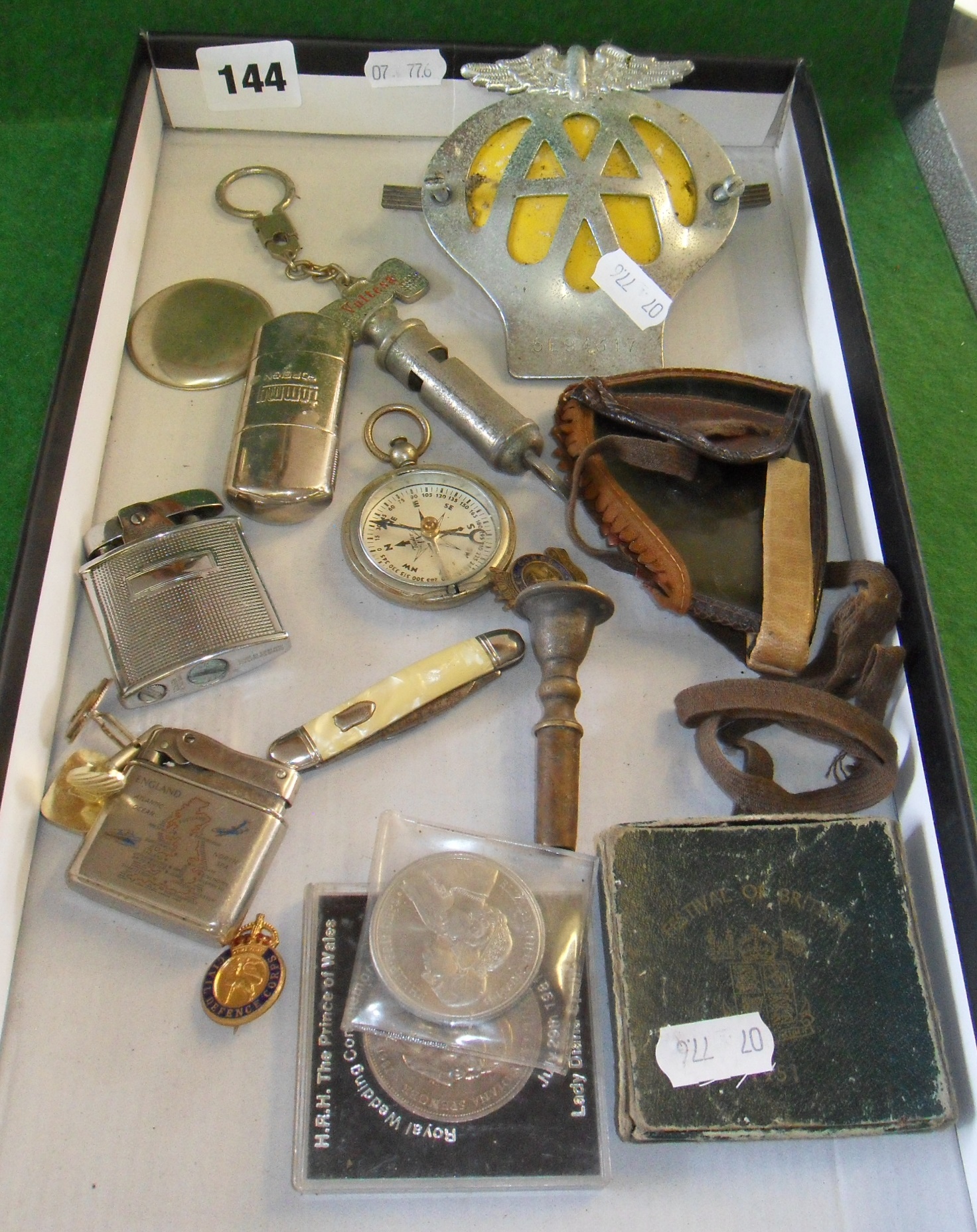 Tray of assorted items including compass, whistle, WW1 aviator's/ski goggles, old AA badge etc