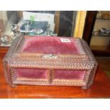 Tramp Art casket with velvet panels & pin cushion top