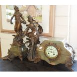 Victorian spelter-mounted marble mantle clock with two spelter Classical figures