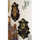 Pair of Victorian lacquered & decorated wood wall mirrors with adjustable shelves