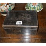 Chinese lacquer tea caddy with pewter inlay figures and having two incised pewter compartments (with
