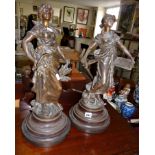 Pair large Victorian Art Nouveau spelter figures of women and bases