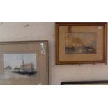 Watercolour of a sailing barge in West Bay Harbour by Bob Andrews, and a 19th c. watercolour of