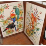 Pair of framed panels of hand-painted tiles depicting fish & parrots