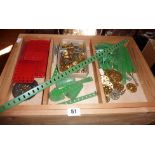 Wooden box of Meccano and five Meccano boxes (some empty) including Meccano brochures and book of