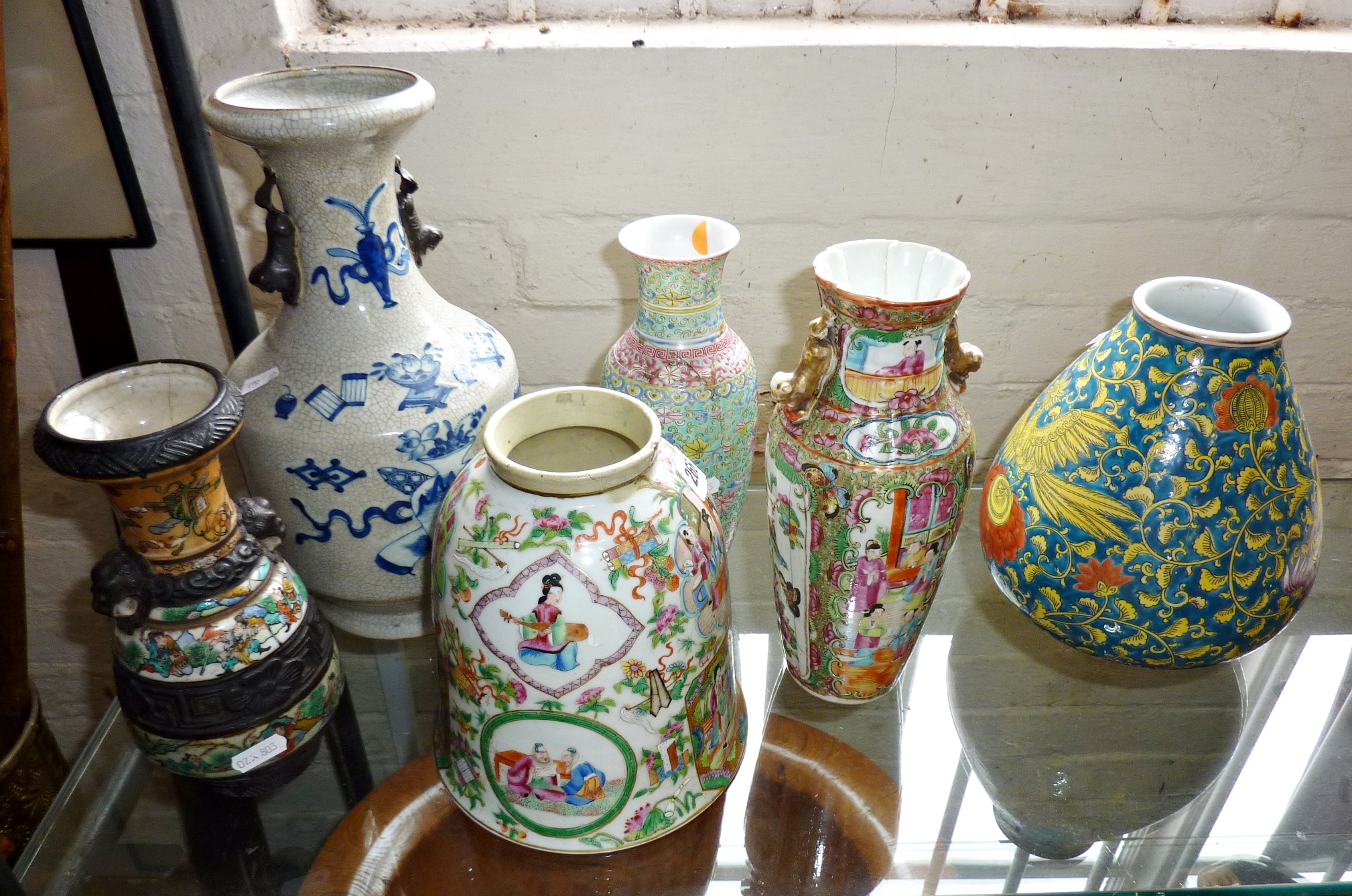 Chinese Canton porcelain lampshade, a similar vase and four other Chinese vases (A/F)