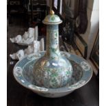 19th c. Chinese famille vert lidded water bottle with matching wash basin (with hairline crack to