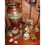 Various brass items together with an Arts & Crafts copper vase