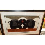 Large colour lithograph, 94/275 of two stylised elephants in love titled "Lovers Rock" by Govinder
