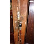 Old African sectional hardwood & horn walking stick, and a similar riding crop