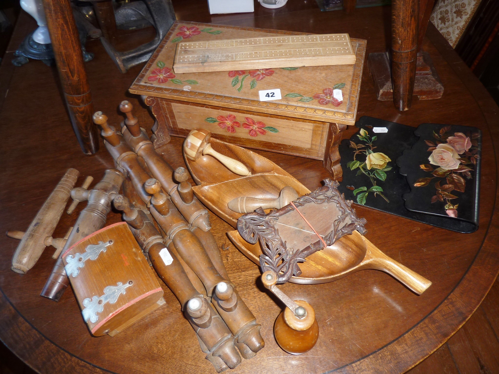 Assorted wooden items & treen and a Victorian decoupage papier mache letter rack