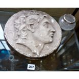 Grand Tour plaster relief wall plaque of a Roman emperor and a small silver rimmed glass bowl
