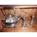 Silver plated kettle on stand, and a pair of candlesticks