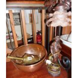 Clockwork brass roasting jack, copper mixing bowl and a kitsch lamp with glass shade