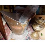 Arts & Crafts copper coal bucket and a brass oil lamp