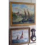 Oil on canvas of sailing barges by Rochester Quay by A. Kenney, together with an oil on board of a