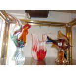 Murano glass cockerel, two fish and a vase