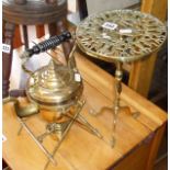 Brass kettle on stand & brass trivet on tripod feet