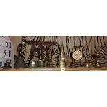 Brass handbells, spirit lamps etc, including Indian brass, joss stick holder figurine