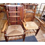 Pair of early 19th c. oak spindle-back open armchairs with rush seats