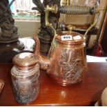 Ornate copper kettle, and a 19th c. embossed copper tea caddy