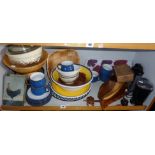 Blue Denby Stoneware cups and saucers, wooden items etc (one shelf)