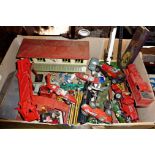 Box of vintage diecast and tinplate Railway items - makers include Dinky, Corgi and Hornby
