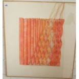 Contemporary pleated & dyed fabric collage titled "Crossfire" by Jan Attrill, dated 1985