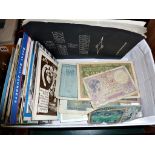 Assorted old postcards, foreign banknotes etc