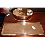19th c. oval copper tobacco box with inset silver coin, and a small card tray made from a printer'