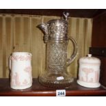 Victorian silver plate mounted cut glass claret jug (A/F) and two Wedgwood Queensware items