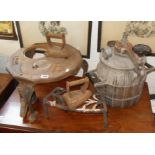 An Easiwork "Health Cooker" pressure cooker, a cast-iron "CON" tripod stand, a trivet, two flat