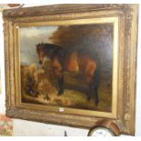 William Huggins (1820-1884) large oil on canvas in bold gilt frame of a farm horse with ducks,