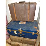 Tin travel trunk with Cunard labels, and two others